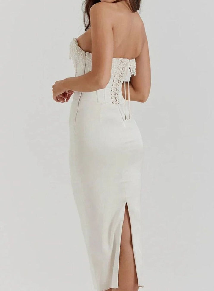 Women's Strapless Pearl-Trim Boned Corset Midi Dress