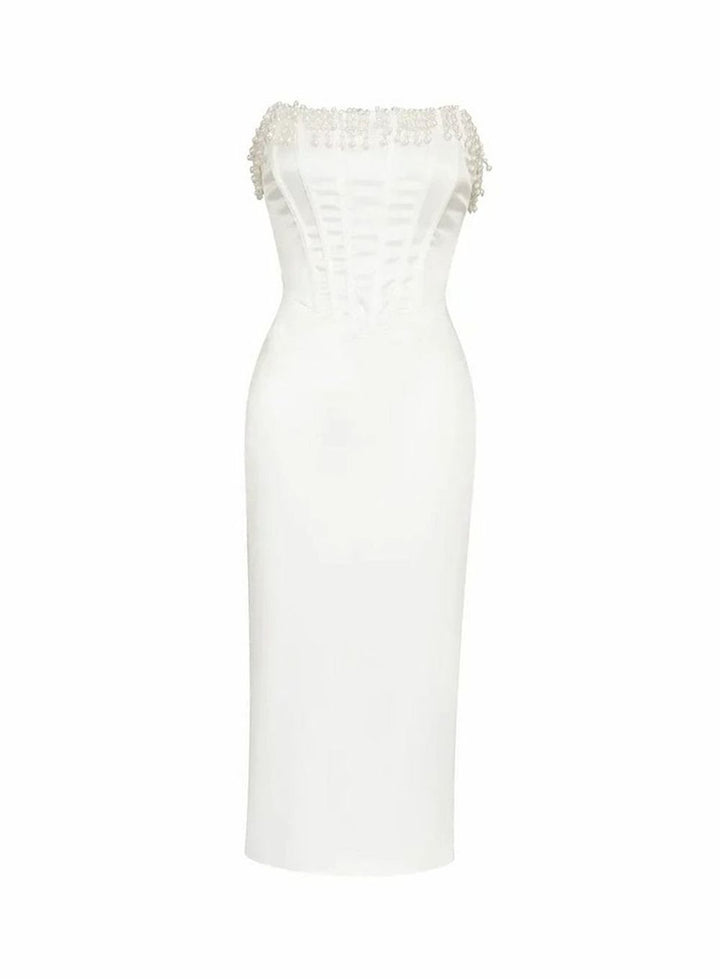 Women's Strapless Pearl-Trim Boned Corset Midi Dress