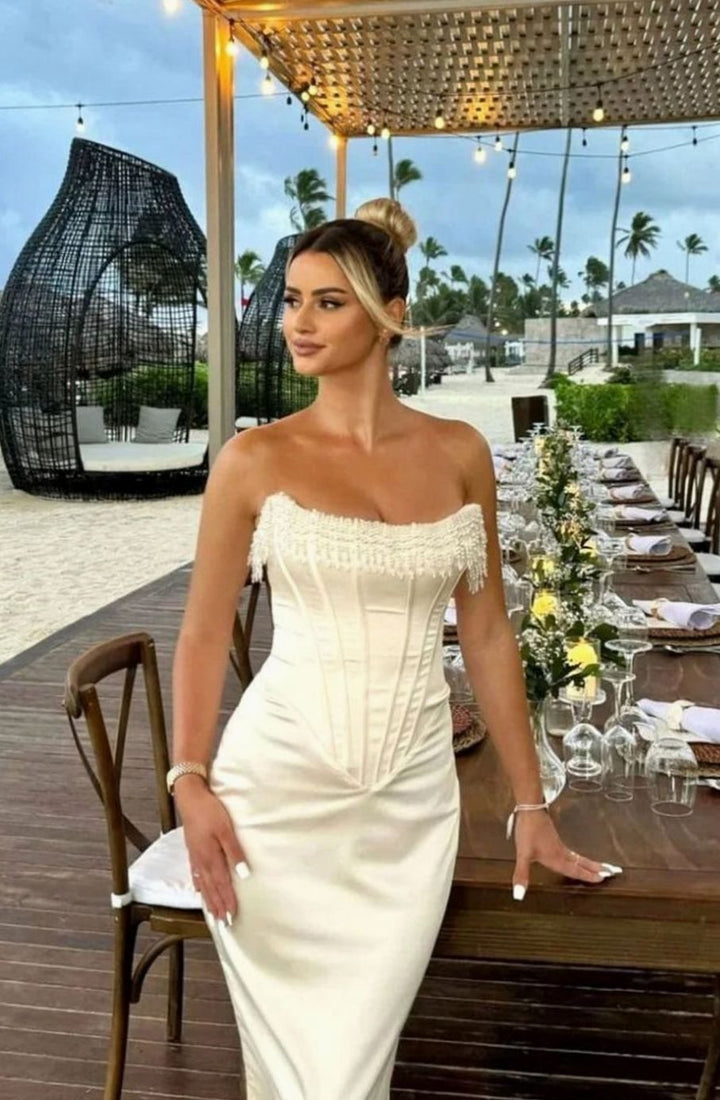 Women's Strapless Pearl-Trim Boned Corset Midi Dress