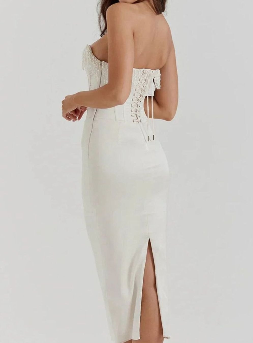 Women's Strapless Pearl-Trim Boned Corset Midi Dress, Ivory