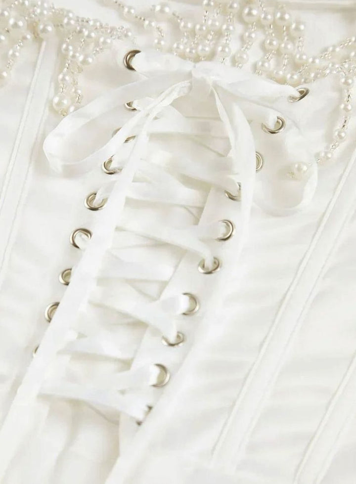 Women's Strapless Pearl-Trim Boned Corset Midi Dress, Ivory