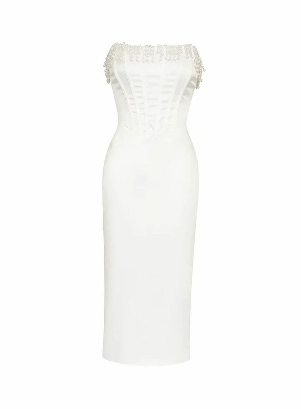 Women's Strapless Pearl-Trim Boned Corset Midi Dress, Ivory