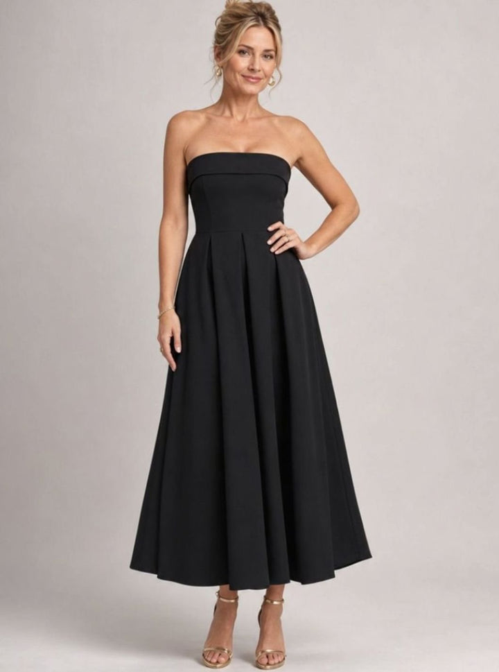 Women's Strapless Pleated Full-Skirt Christmas Party Midi Dress