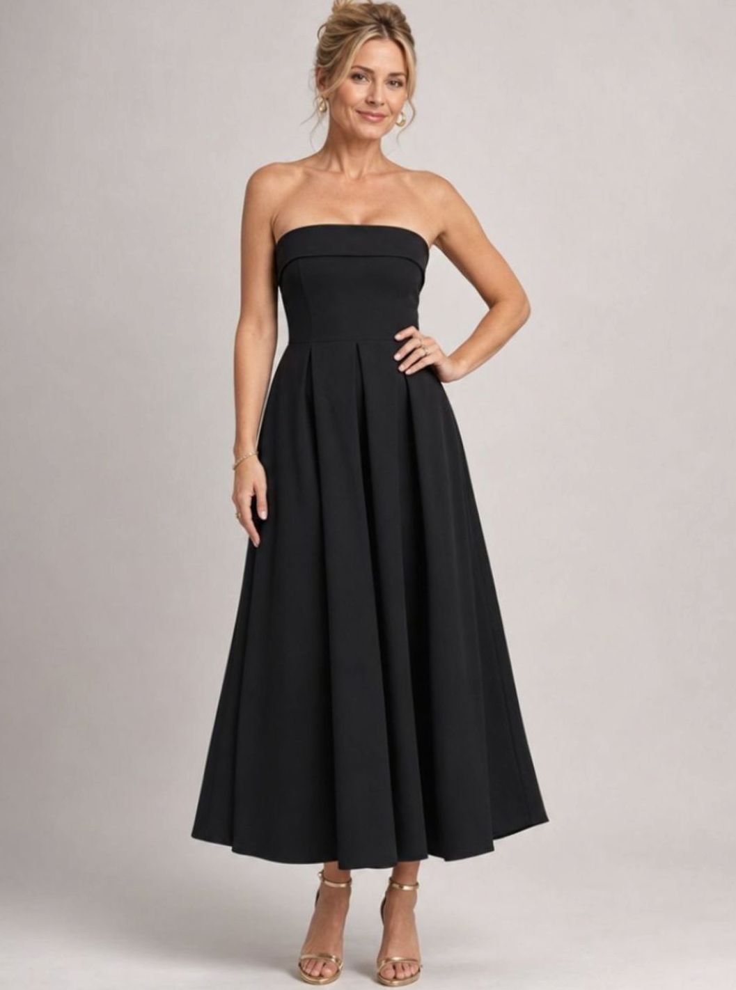 Women's Strapless Pleated Full-Skirt Christmas Party Midi Dress, Black