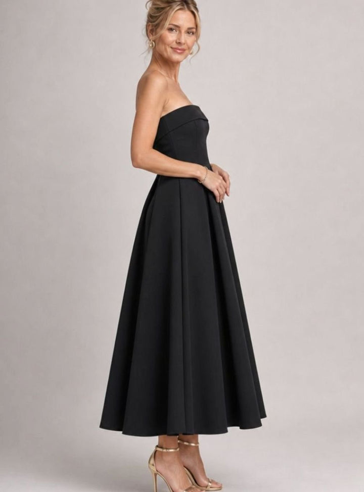 Women's Strapless Pleated Full-Skirt Christmas Party Midi Dress