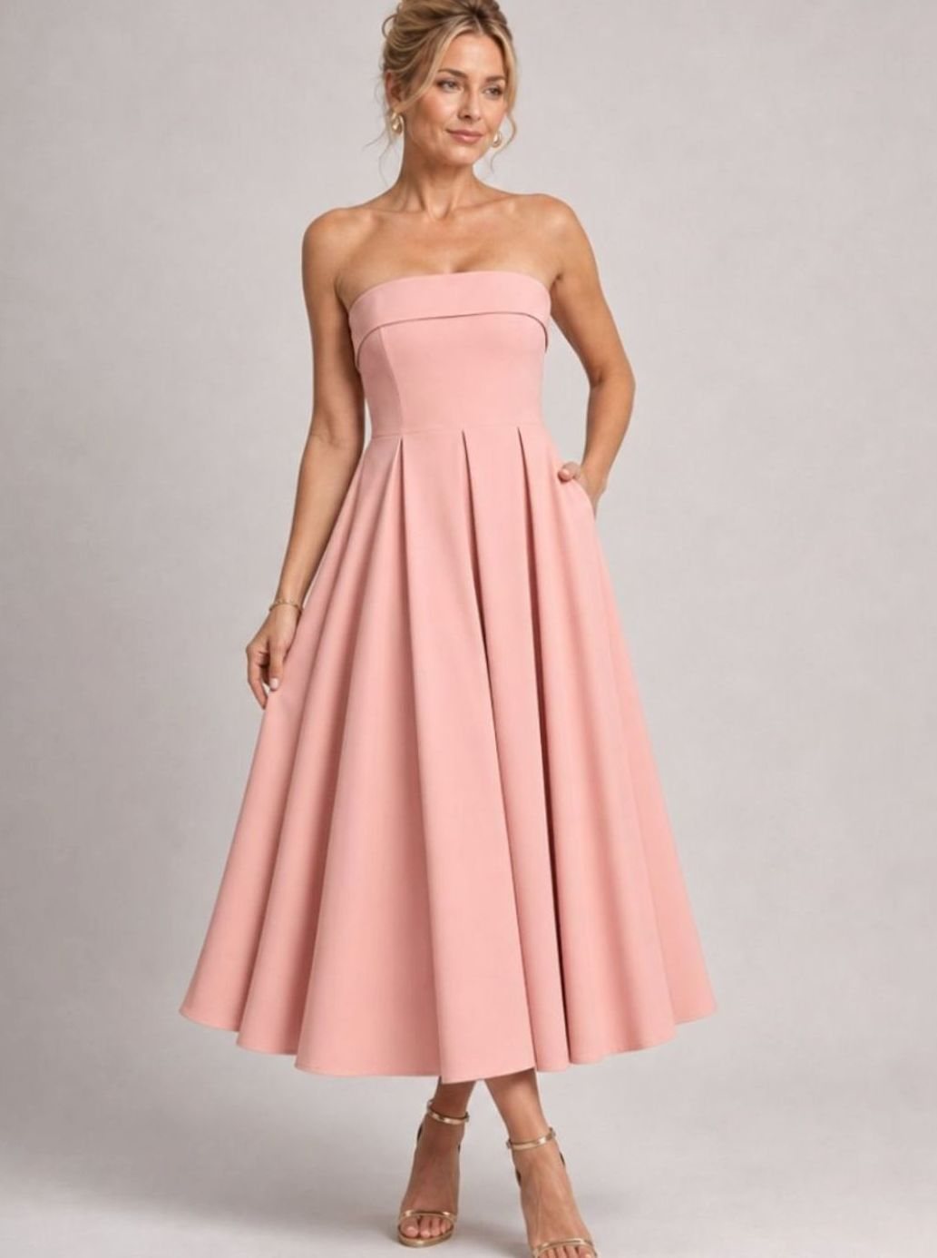 Women's Strapless Pleated Full-Skirt Christmas Party Midi Dress