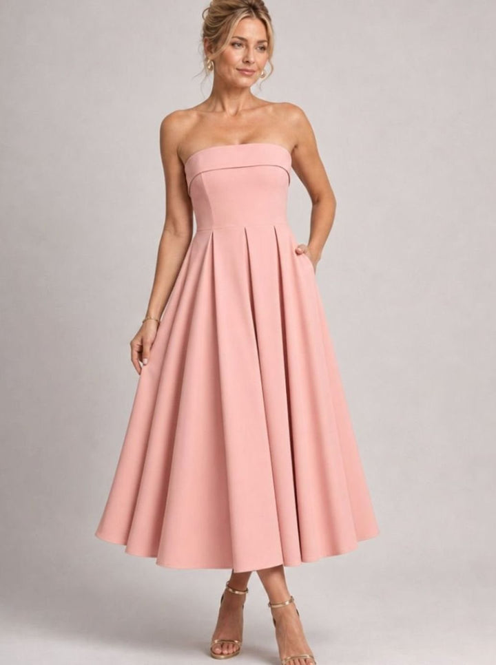 Women's Strapless Pleated Full-Skirt Christmas Party Midi Dress