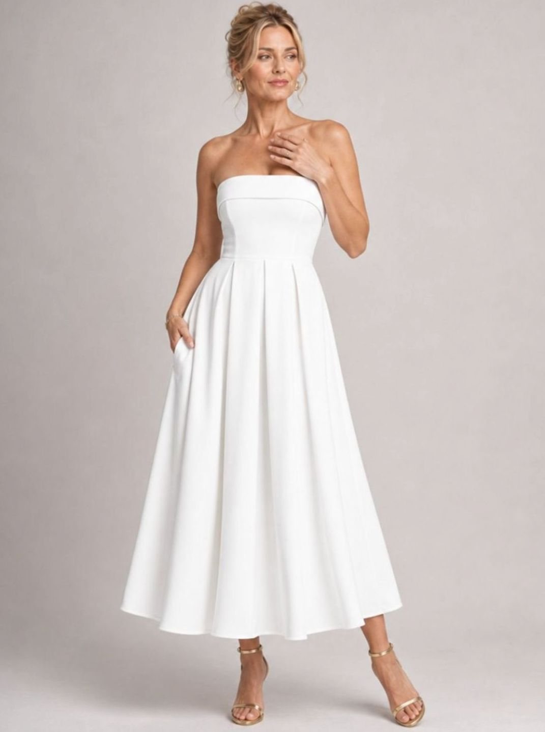 Women's Strapless Pleated Full-Skirt Christmas Party Midi Dress