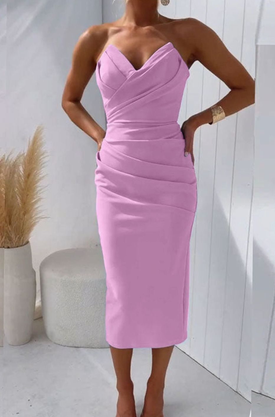 Women's Strapless Ruched Bodycon Midi Dress