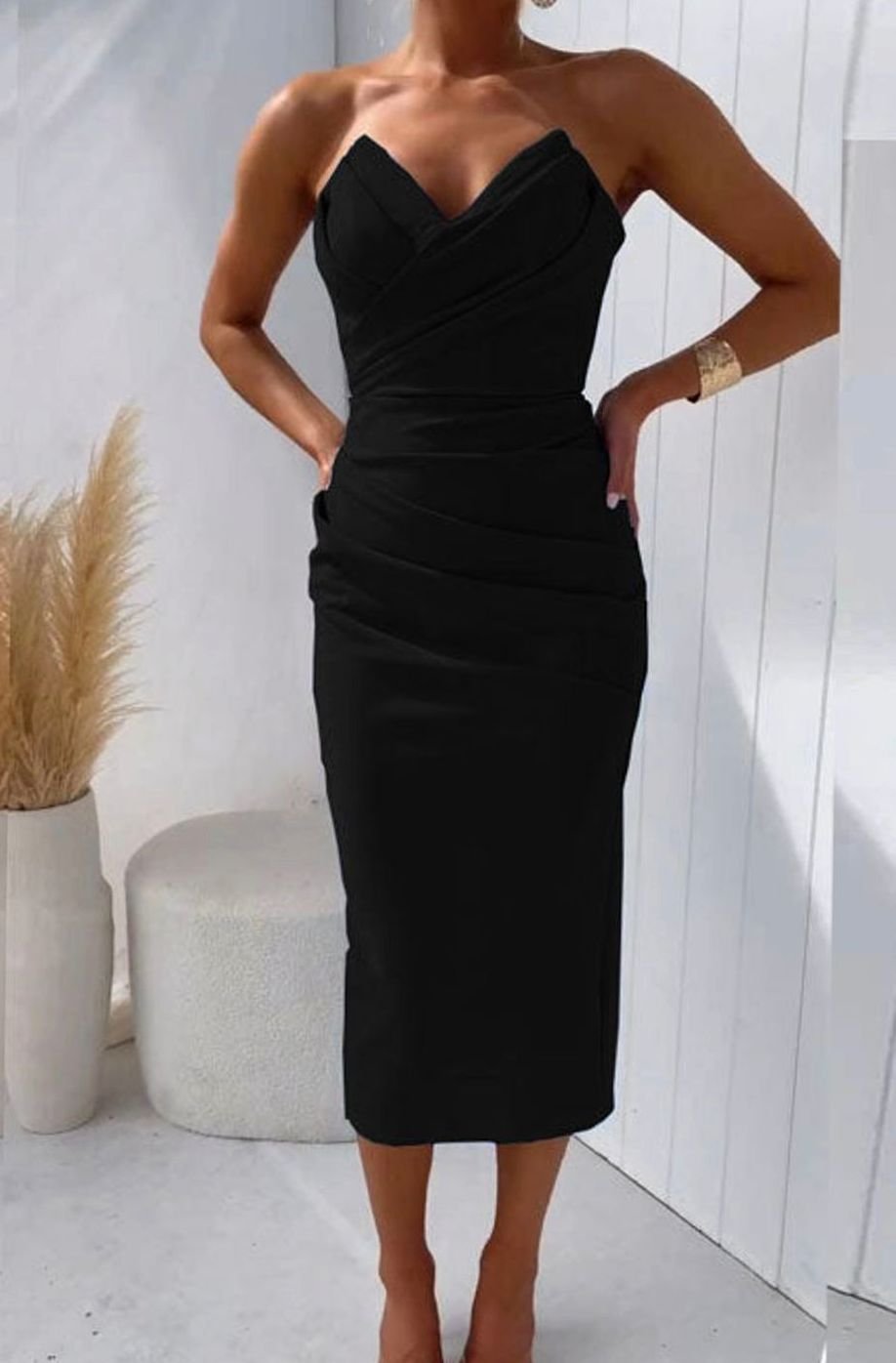 Women's Strapless Ruched Bodycon Midi Dress