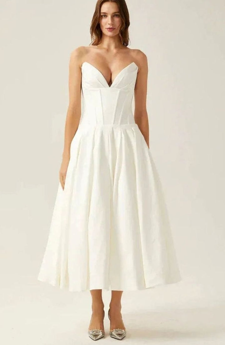 Women's Strapless Sweetheart Corset Flared Midi Dress