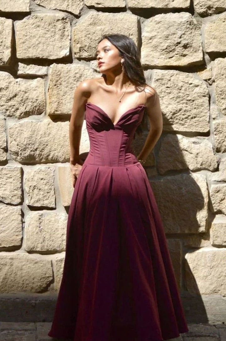 Women's Strapless Sweetheart Corset Flared Midi Dress