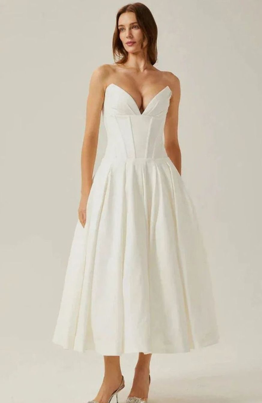 Women's Strapless Sweetheart Corset Flared Midi Dress