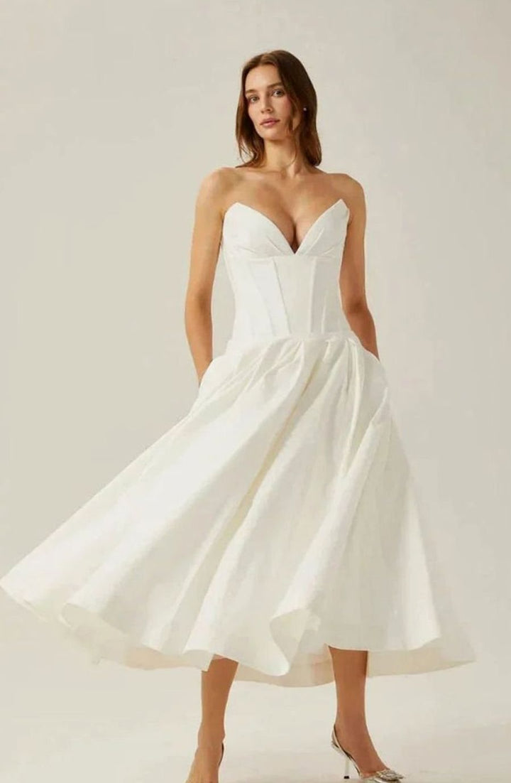Women's Strapless Sweetheart Corset Flared Midi Dress