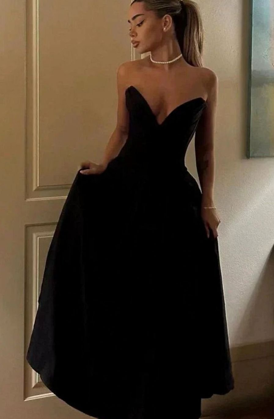 Women's Strapless Sweetheart Corset Flared Midi Dress
