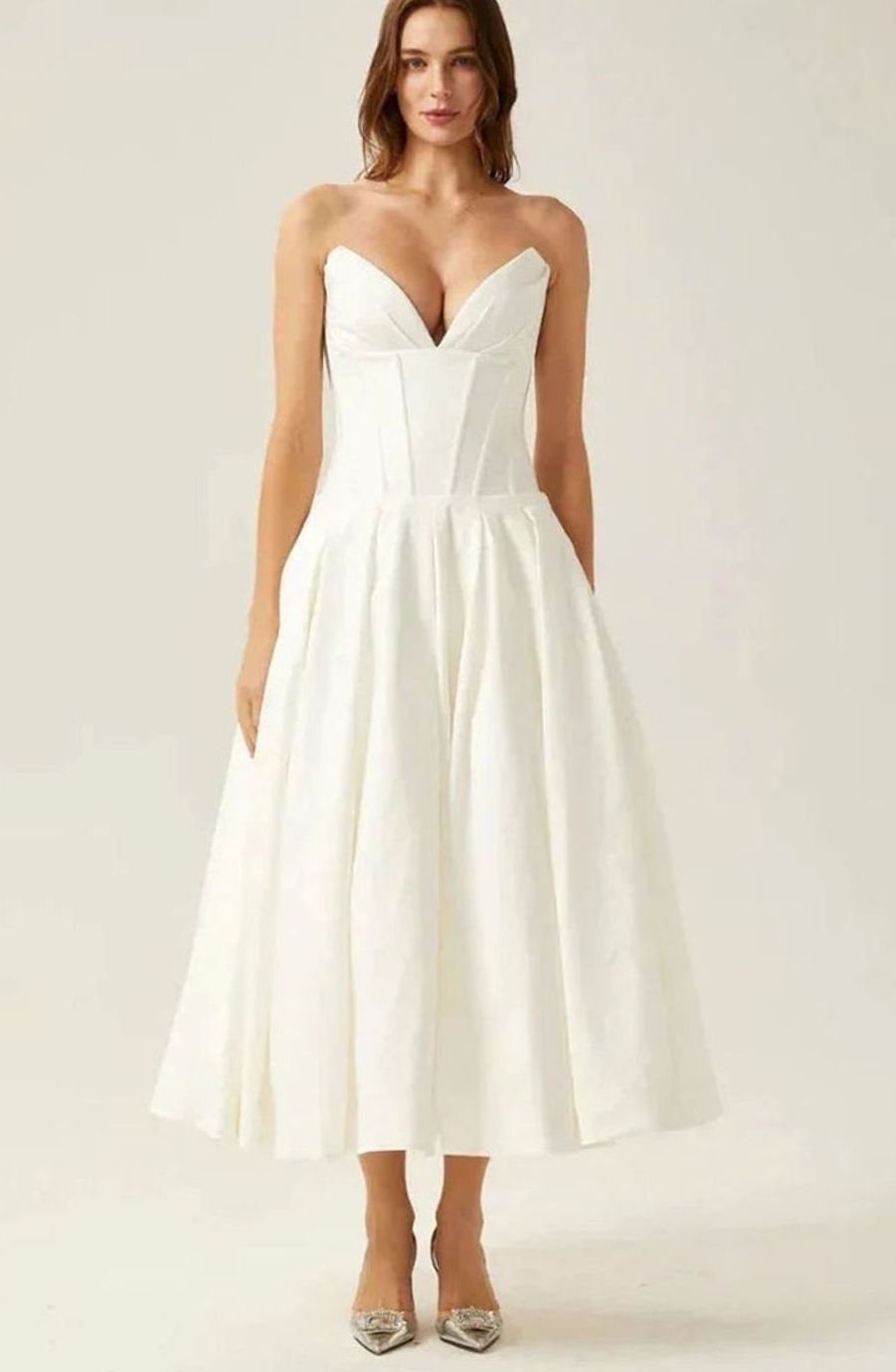 Women's Strapless Sweetheart Corset Flared Midi Dress, Ivory