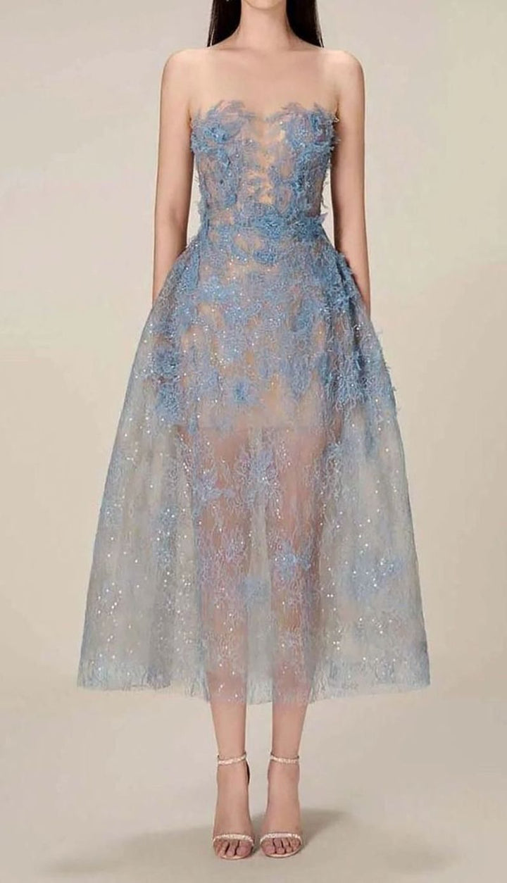 Women's Strapless Sweetheart Floral Embroidered Tulle Midi Dress