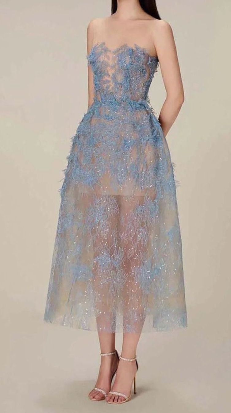 Women's Strapless Sweetheart Floral Embroidered Tulle Midi Dress, Blue