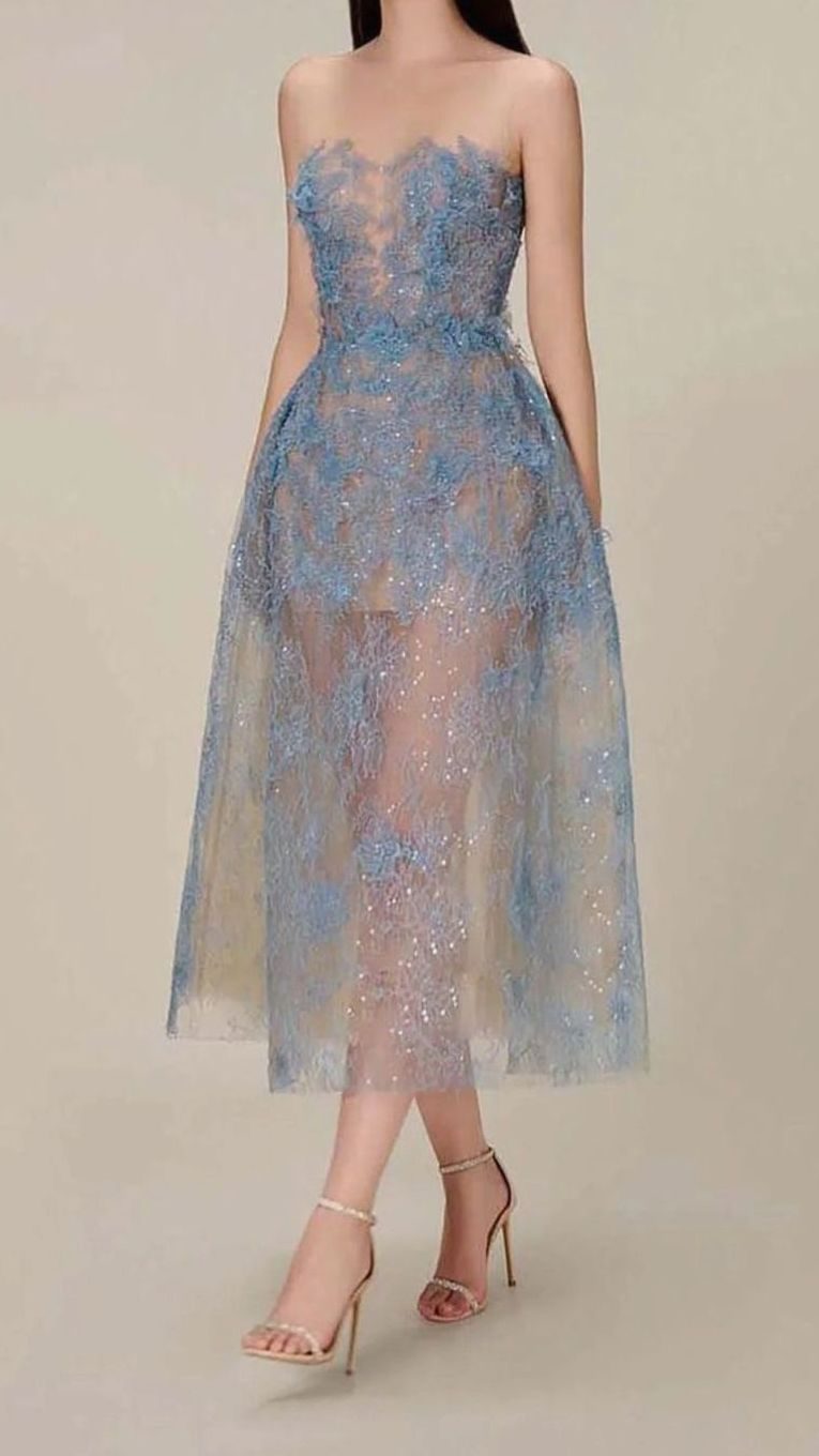 Women's Strapless Sweetheart Floral Embroidered Tulle Midi Dress