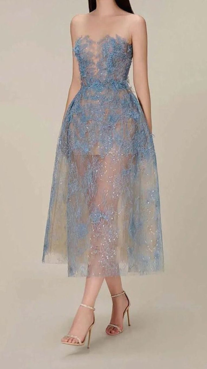 Women's Strapless Sweetheart Floral Embroidered Tulle Midi Dress, Blue