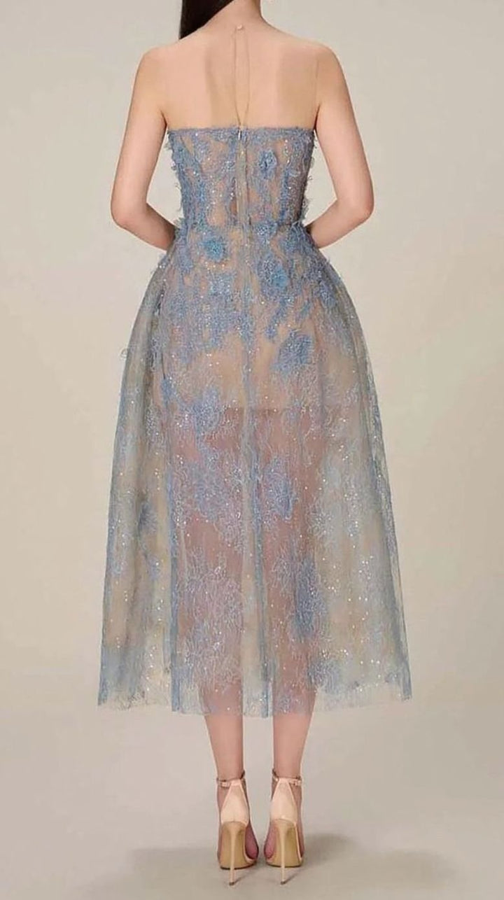 Women's Strapless Sweetheart Floral Embroidered Tulle Midi Dress