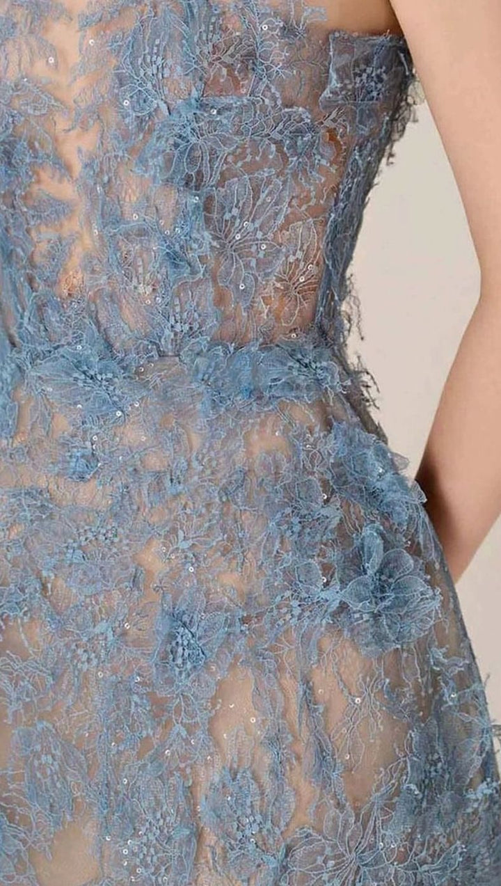 Women's Strapless Sweetheart Floral Embroidered Tulle Midi Dress
