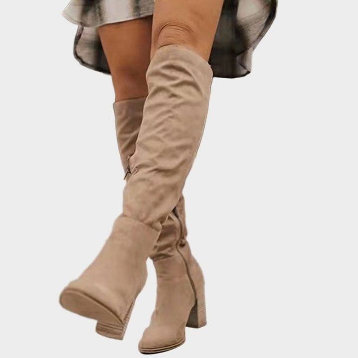 Women's Stretch Knee-High Block-Heel Side-Zip Boots - Beige