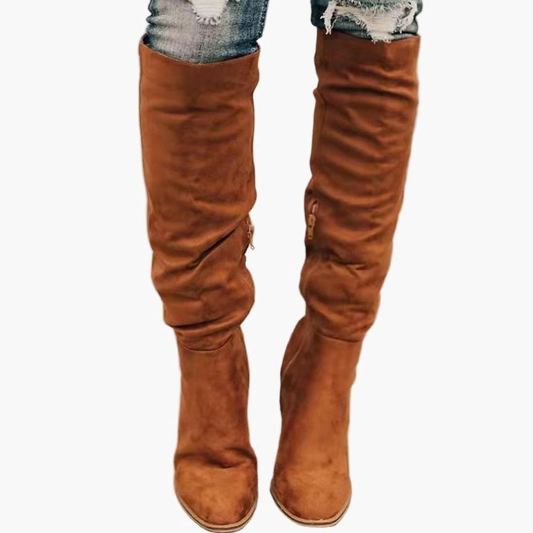 Women's Stretch Knee-High Block-Heel Side-Zip Boots - Brown
