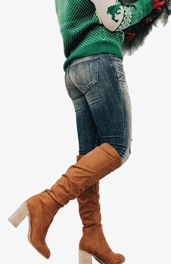 Women's Stretch Knee-High Block-Heel Side-Zip Boots