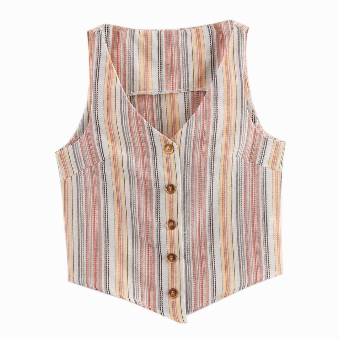 Women's Striped Button-Front Sleeveless Cropped Waistcoat, Multicolour - Shown Colour