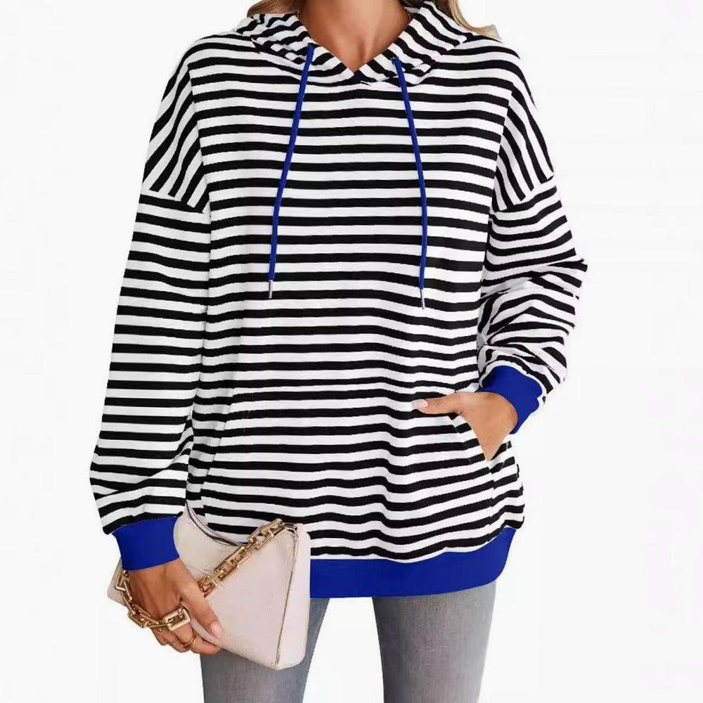 Women's Striped Drawstring Hoodie Kangaroo Pocket Sweatshirt