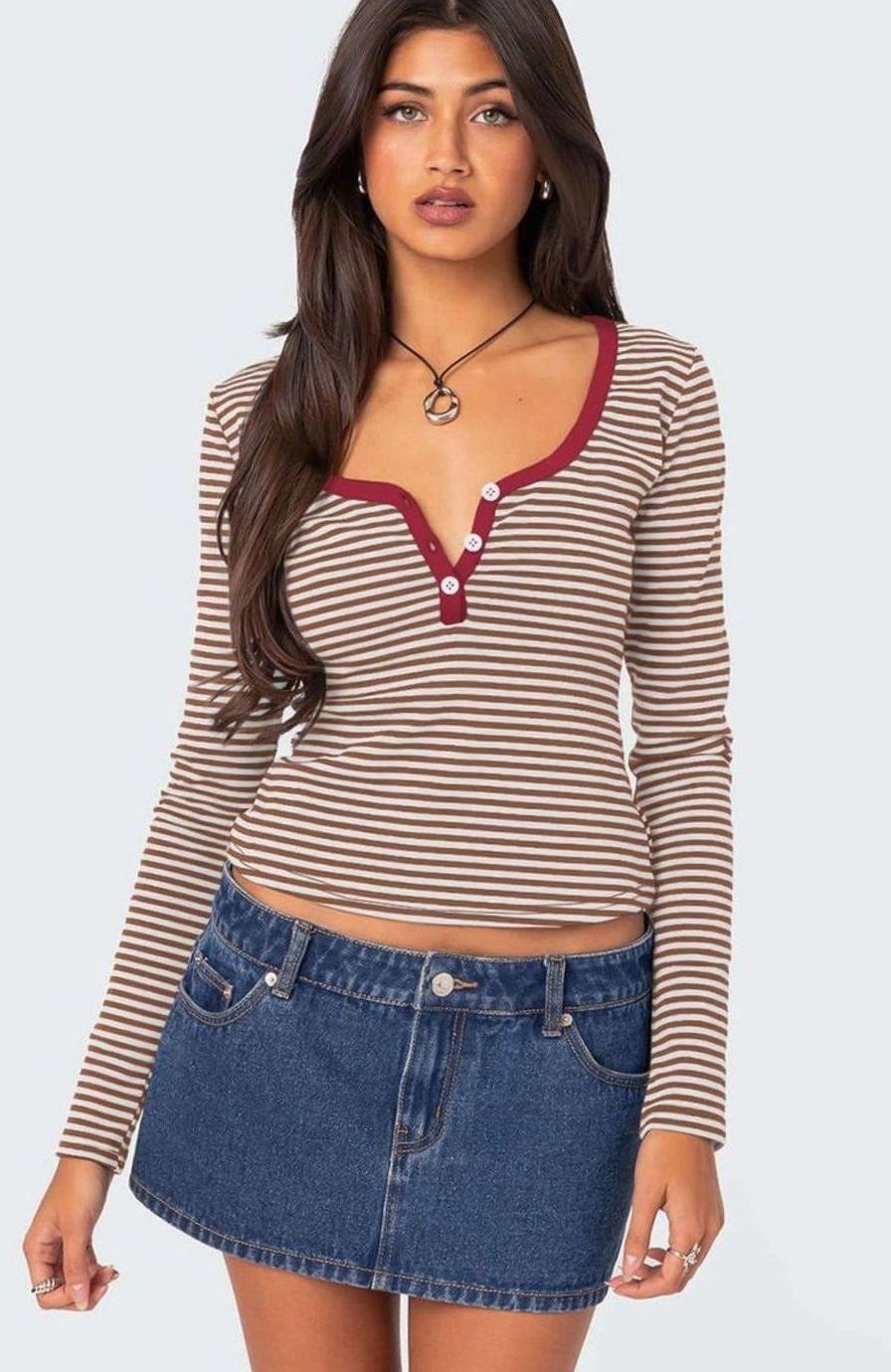Women's Striped Long-Sleeve Henley V-Neck Fitted Top