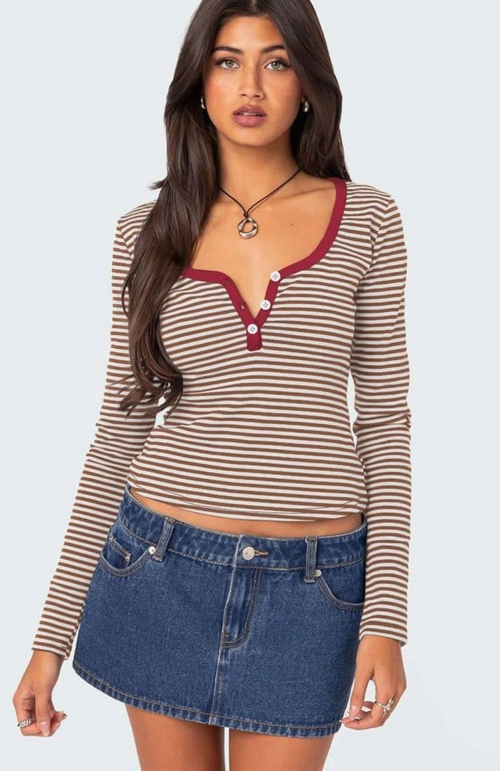 Women's Striped Long-Sleeve Henley V-Neck Fitted Top