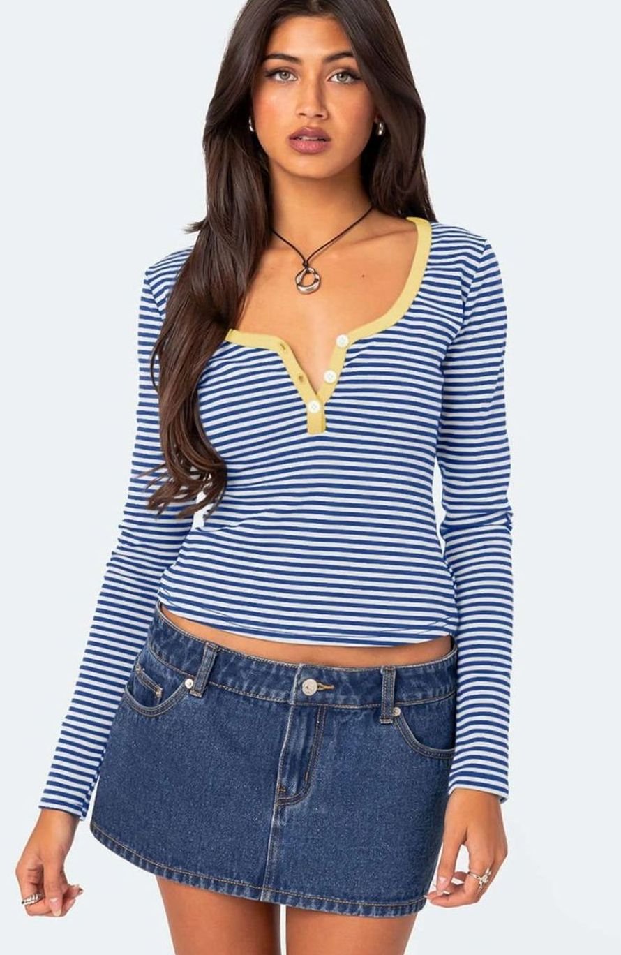 Women's Striped Long-Sleeve Henley V-Neck Fitted Top