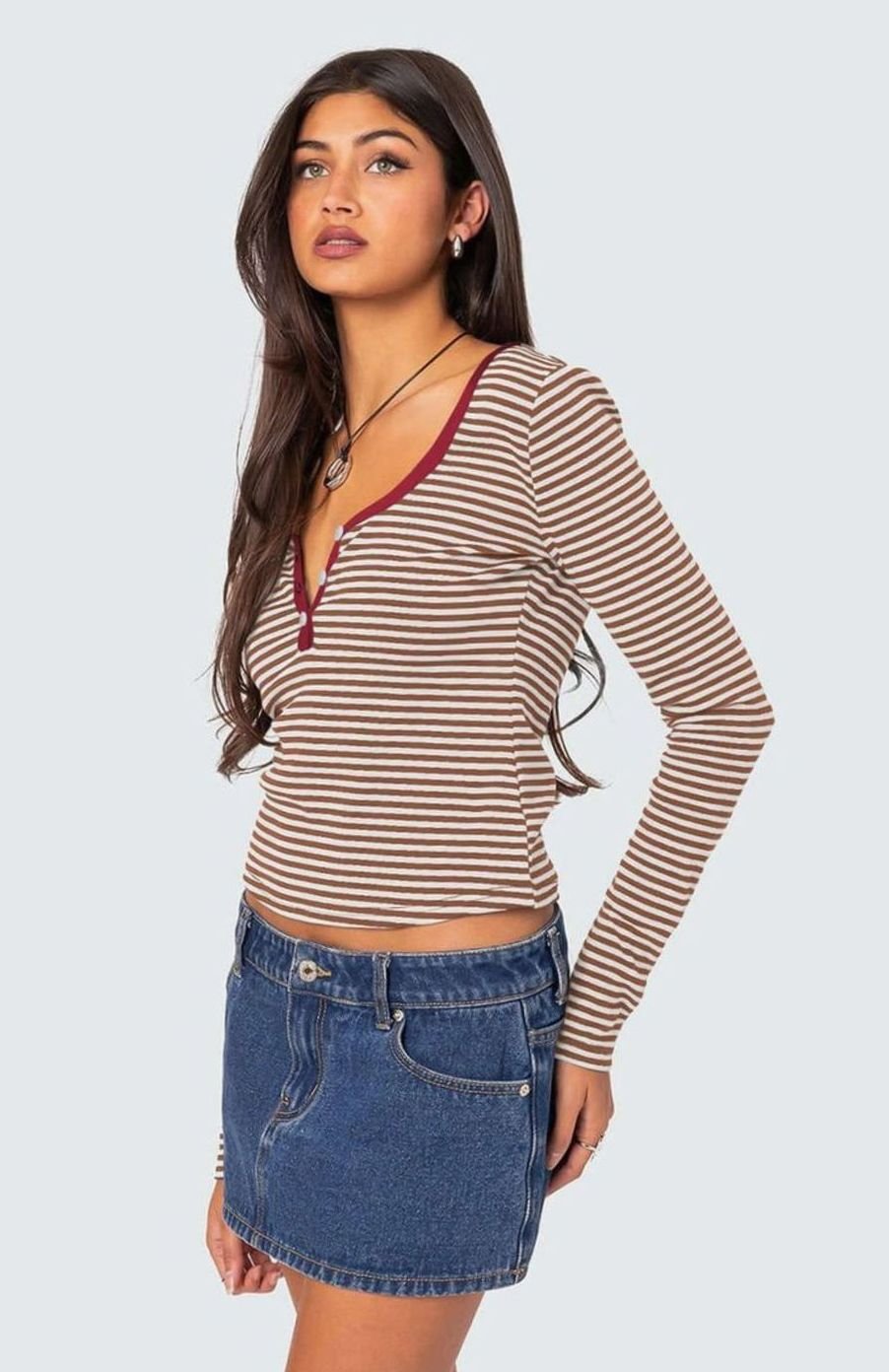 Women's Striped Long-Sleeve Henley V-Neck Fitted Top