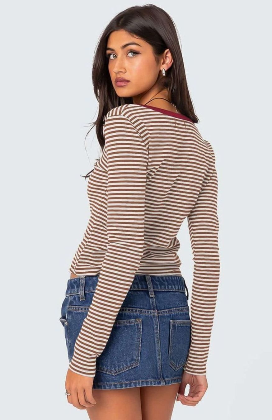 Women's Striped Long-Sleeve Henley V-Neck Fitted Top