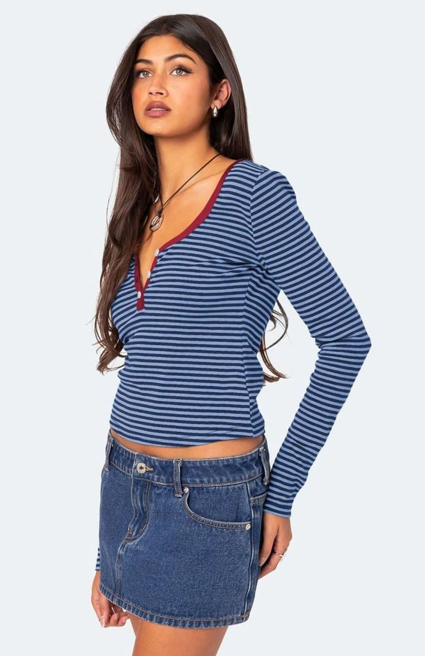 Women's Striped Long-Sleeve Henley V-Neck Fitted Top