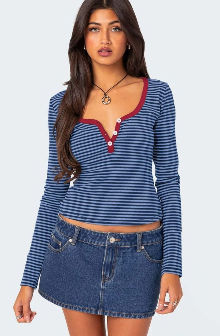 Women's Striped Long-Sleeve Henley V-Neck Fitted Top