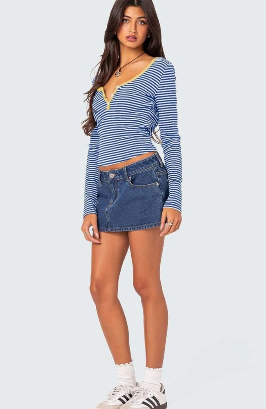 Women's Striped Long-Sleeve Henley V-Neck Fitted Top