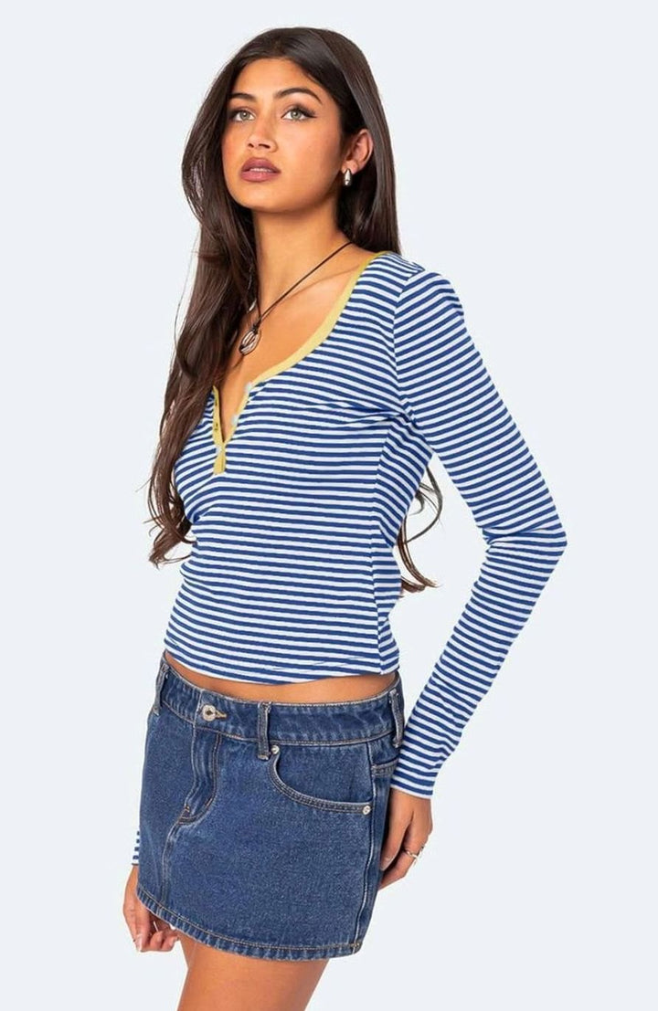 Women's Striped Long-Sleeve Henley V-Neck Fitted Top