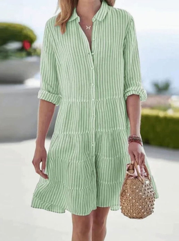 Women's Striped Loose-Fit Shirt-Collar Tiered Midi Dress