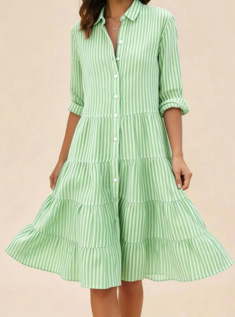 Women's Striped Loose-Fit Shirt-Collar Tiered Midi Dress
