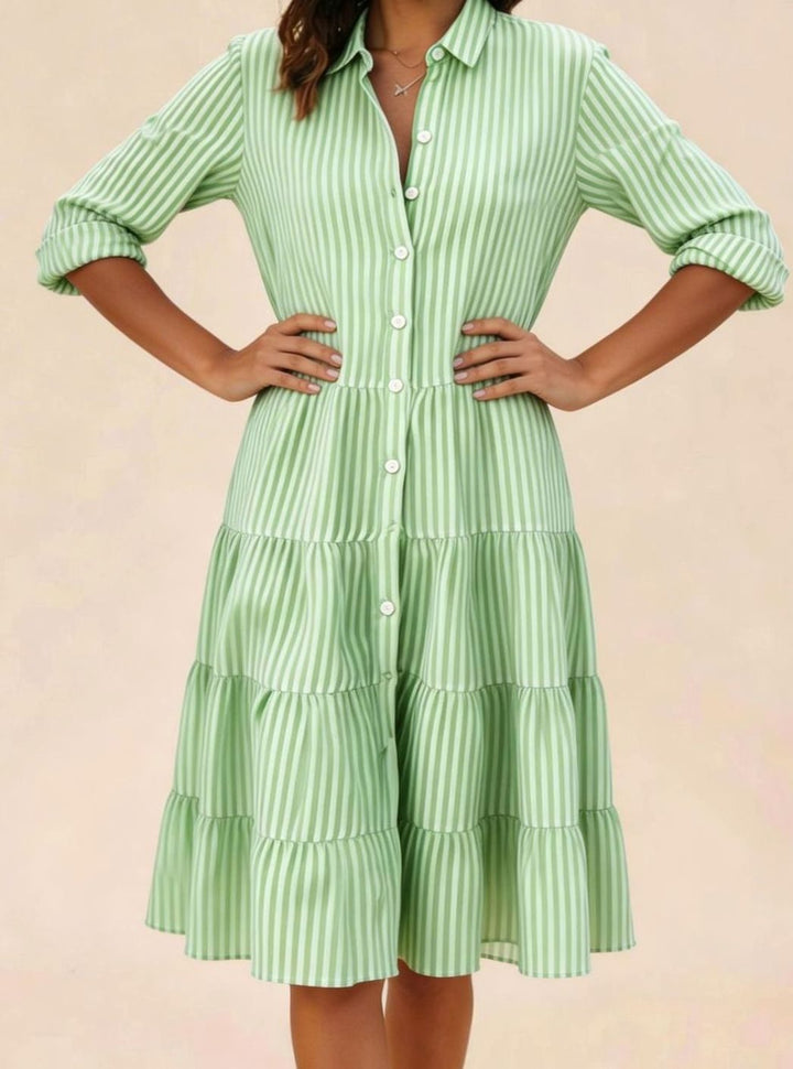 Women's Striped Loose-Fit Shirt-Collar Tiered Midi Dress