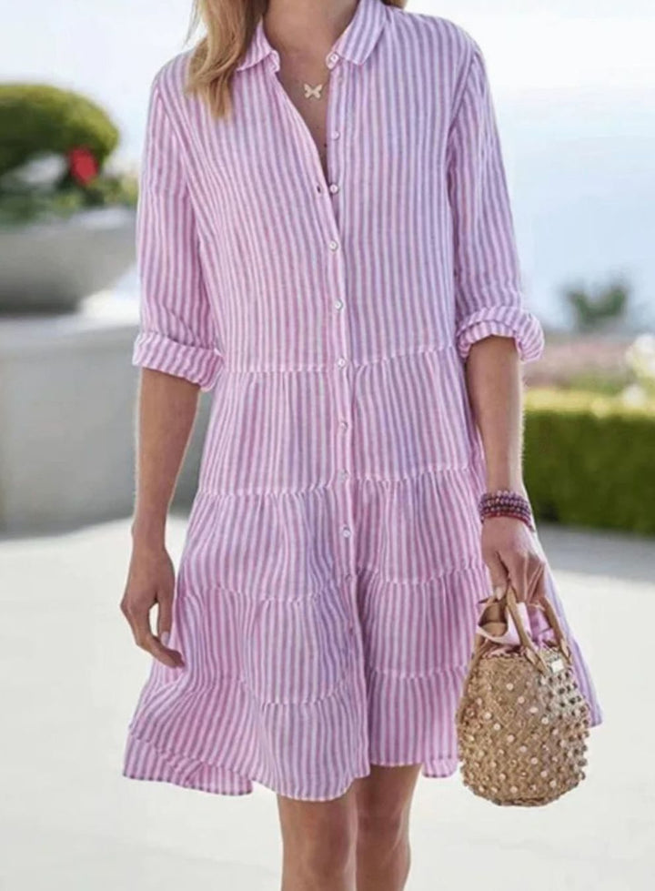Women's Striped Loose-Fit Shirt-Collar Tiered Midi Dress