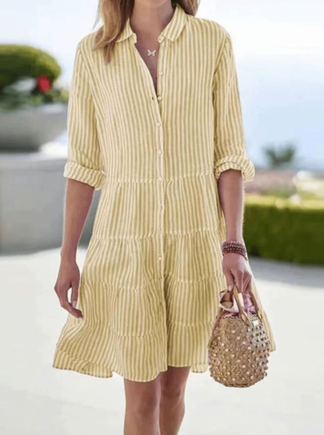 Women's Striped Loose-Fit Shirt-Collar Tiered Midi Dress