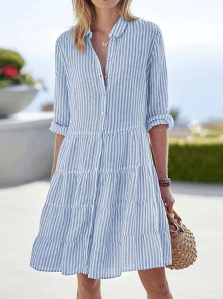 Women's Striped Loose-Fit Shirt-Collar Tiered Midi Dress