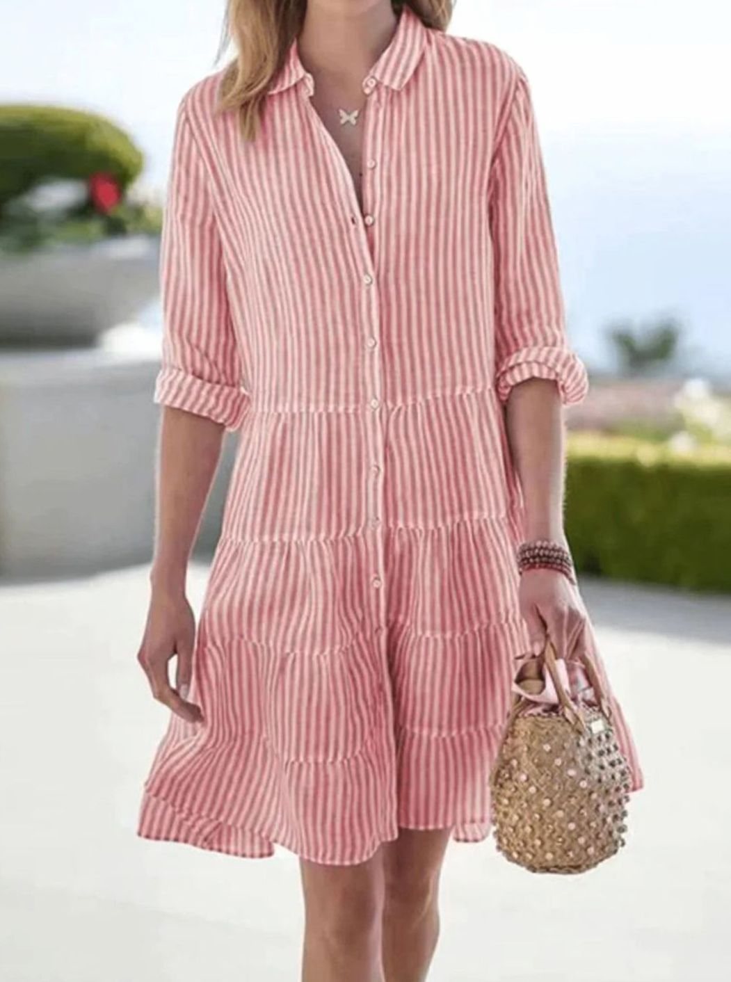 Women's Striped Loose-Fit Shirt-Collar Tiered Midi Dress
