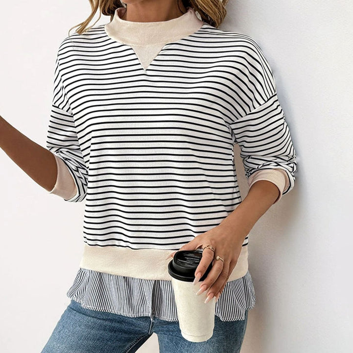 Women's Striped Mock-Neck Ruffle-Hem Layered Sweatshirt