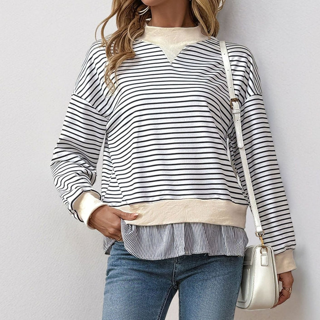 Women's Striped Mock-Neck Ruffle-Hem Layered Sweatshirt