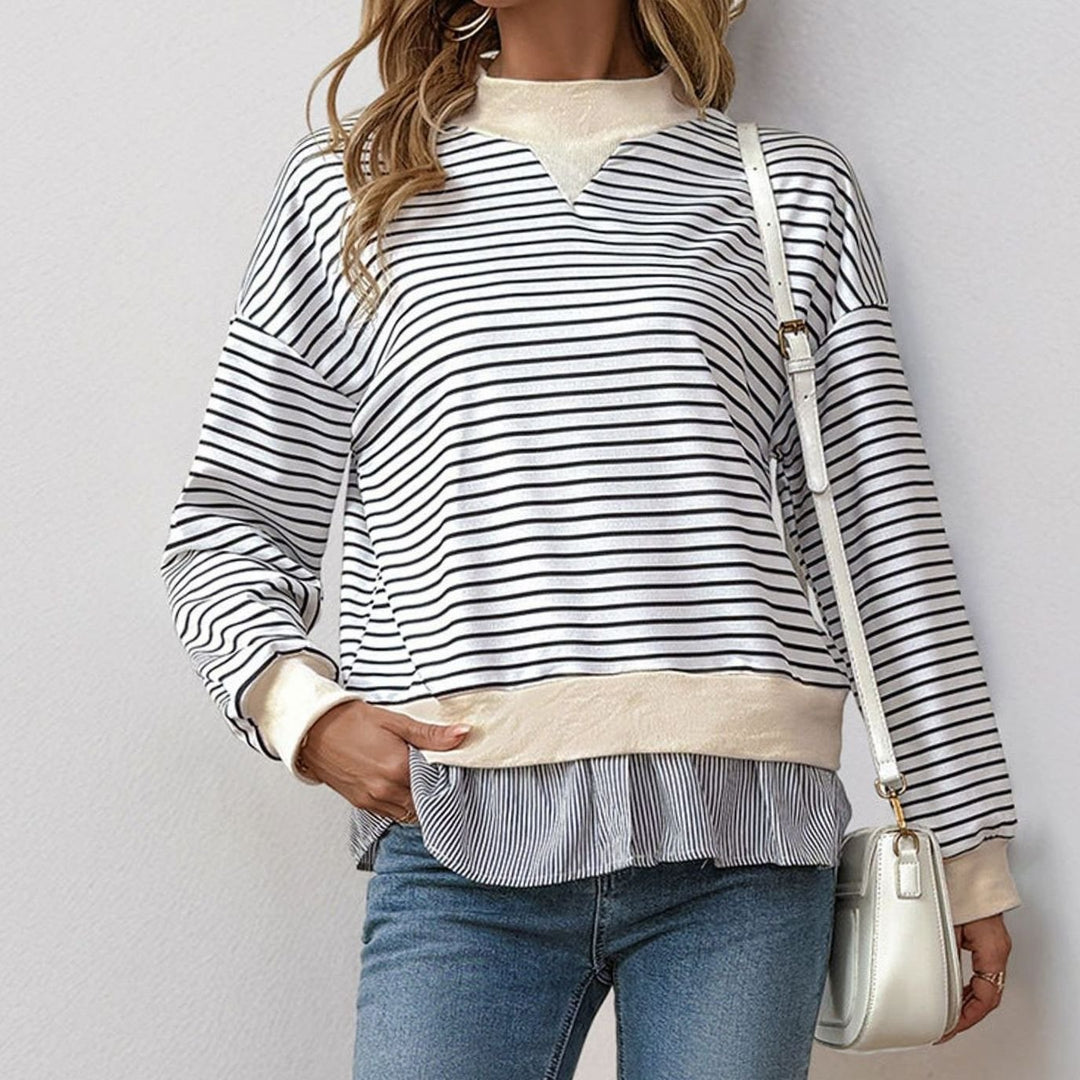 Women's Striped Mock-Neck Ruffle-Hem Layered Sweatshirt - Black and White